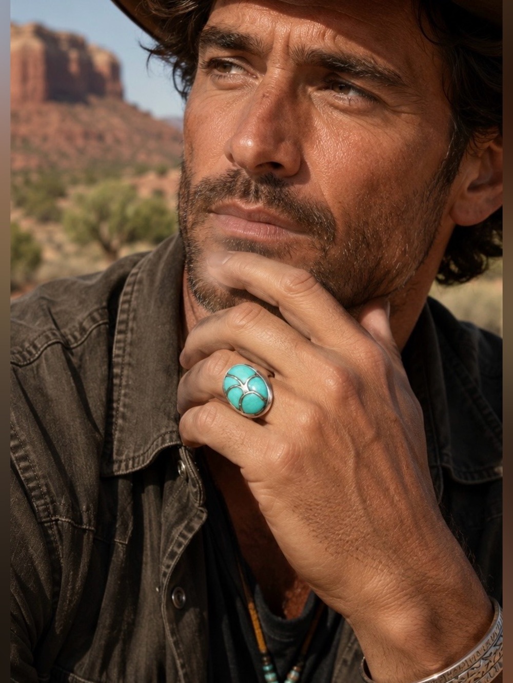 Zuni Native American Handmade Sterling Silver Turquoise Fish Scale Mens Ring 8.5